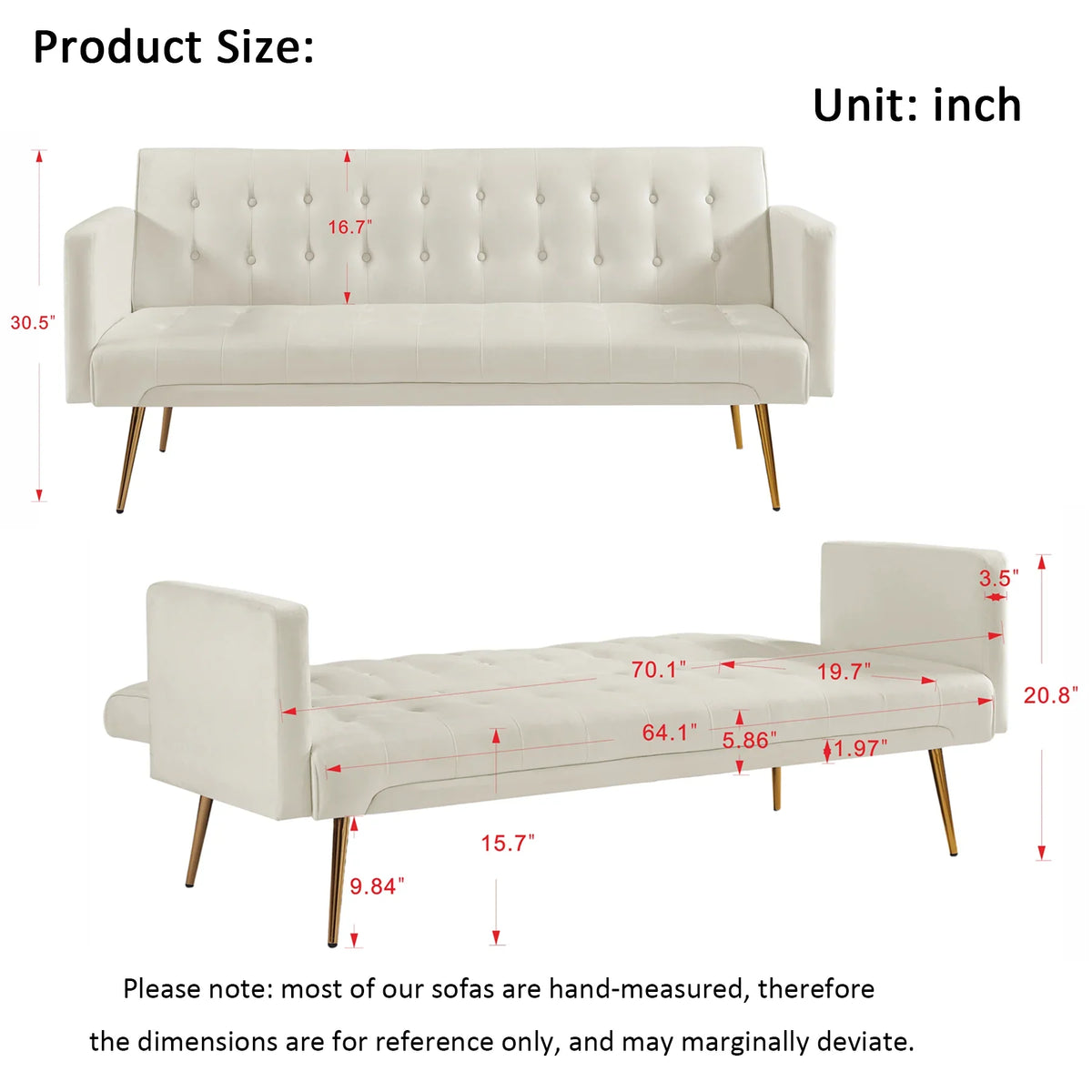 Leumius Velvet Futon Sofa Bed Mid-Century Modern Adjustable Backrest with Pillows, Gray/Gold - image 12