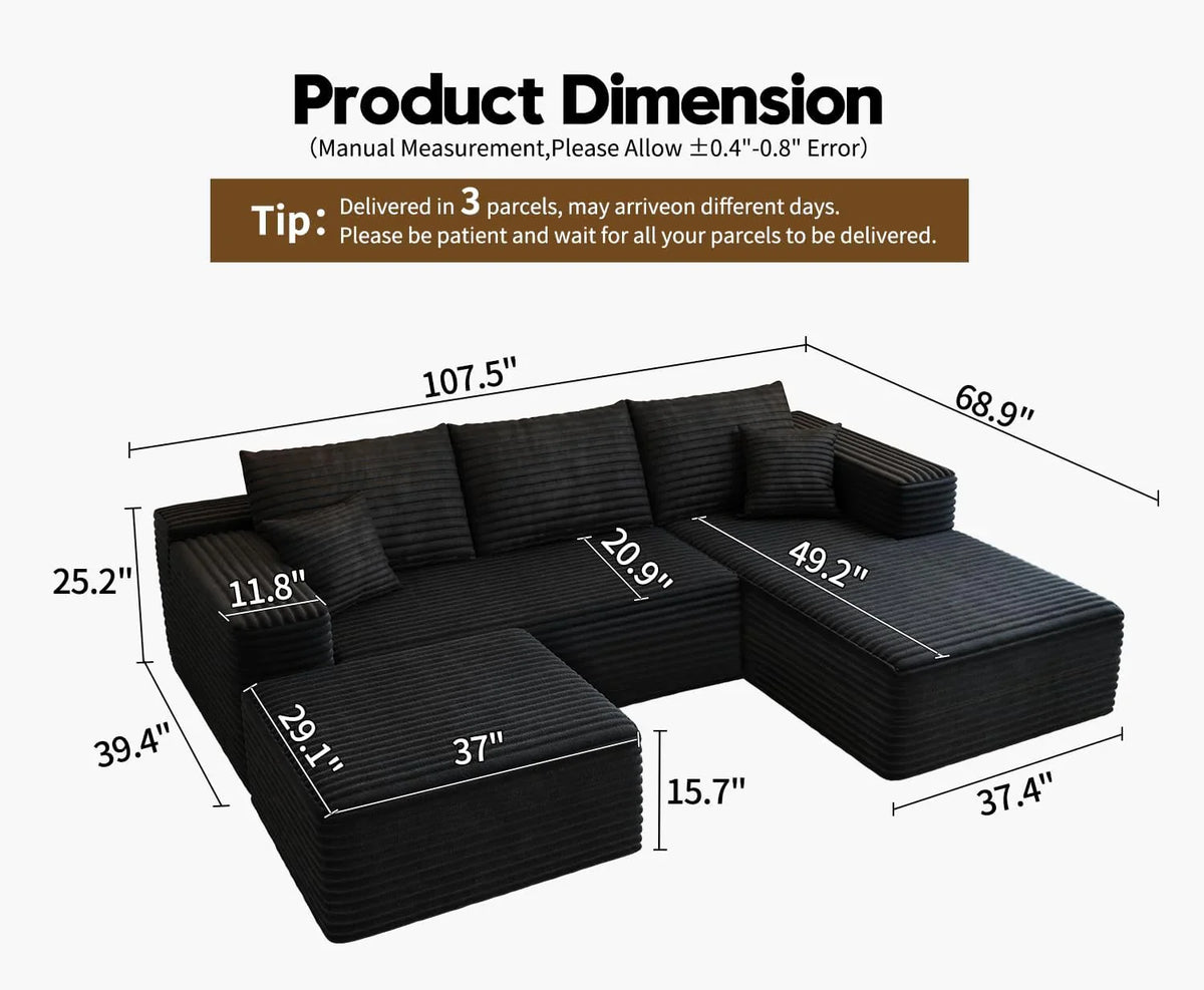 107.5" Cloud Modular Sectional Sofa Couch with L-Shape Chaise,Modern Minimalist Upholstered Couches for Living Room Bedroom,Deep Seat Corner Couch .No Assembly Required (Black,Left Facing Chaise) - image 74