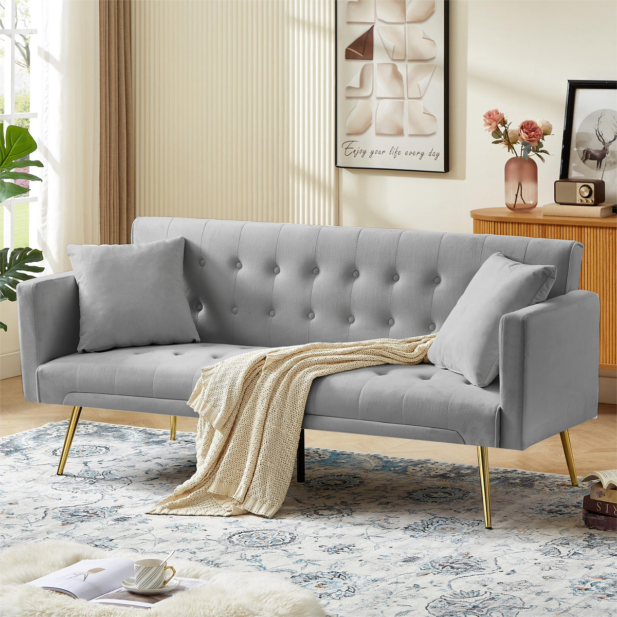 Leumius Velvet Futon Sofa Bed Mid-Century Modern Adjustable Backrest with Pillows, Gray/Gold - image 1