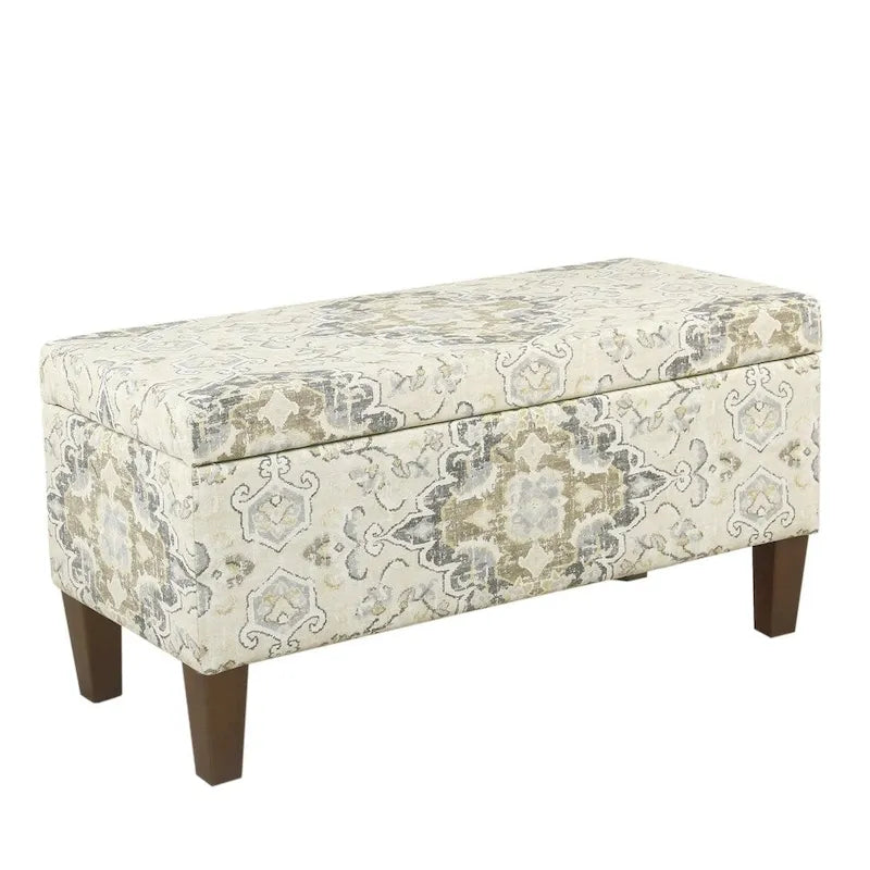 Large Brown and Cream Medallion Print Upholstered Wooden Bench with Hinged Storage - image 1