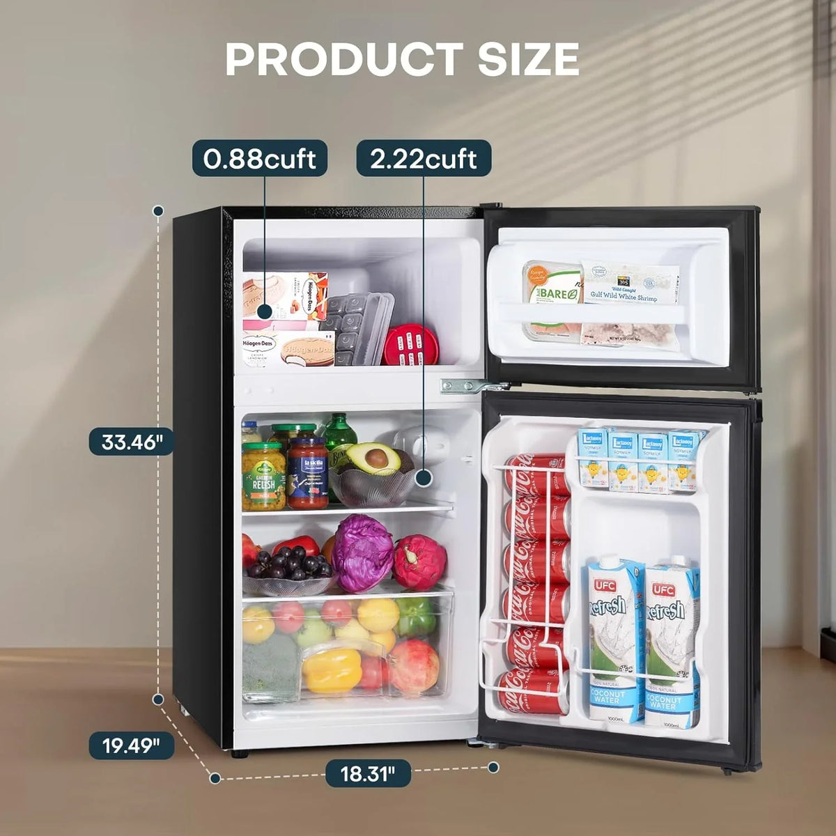 Upstreman 3.1 Cu.Ft Mini Fridge with Freezer, Double Door Small Fridge, Dorm Essentials, Adjustable Thermostat, Energy Saving, Mini Refrigerator for Office, Dorm,Bedroom, Stainless - image 2