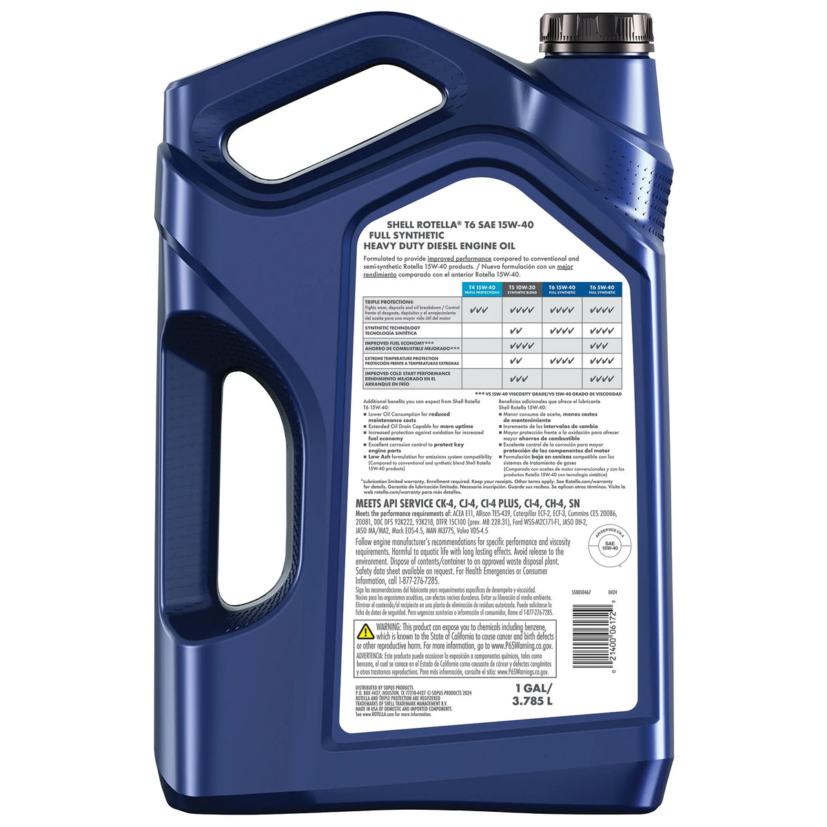 (3 Pack) Shell Rotella T6 Full Synthetic 15W - 40 Motor Oil, 1 Gallon (3 Pack) - image 2