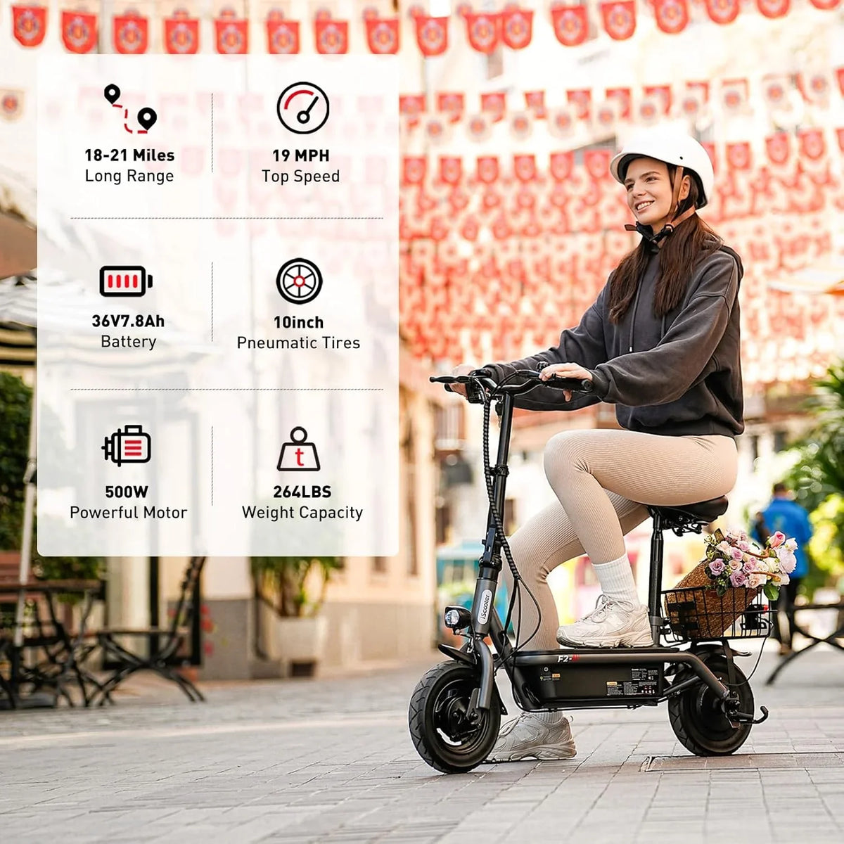 iScooter electric scooter with seat, 37/21 mile range, 28/19/15.6 mph top speed, dual suspension scooter with basket - image 15