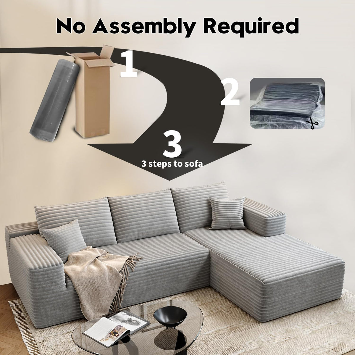 107.5" Cloud Modular Sectional Sofa Couch with L-Shape Chaise,Modern Minimalist Upholstered Couches for Living Room Bedroom,Deep Seat Corner Couch .No Assembly Required (Black,Left Facing Chaise) - image 49