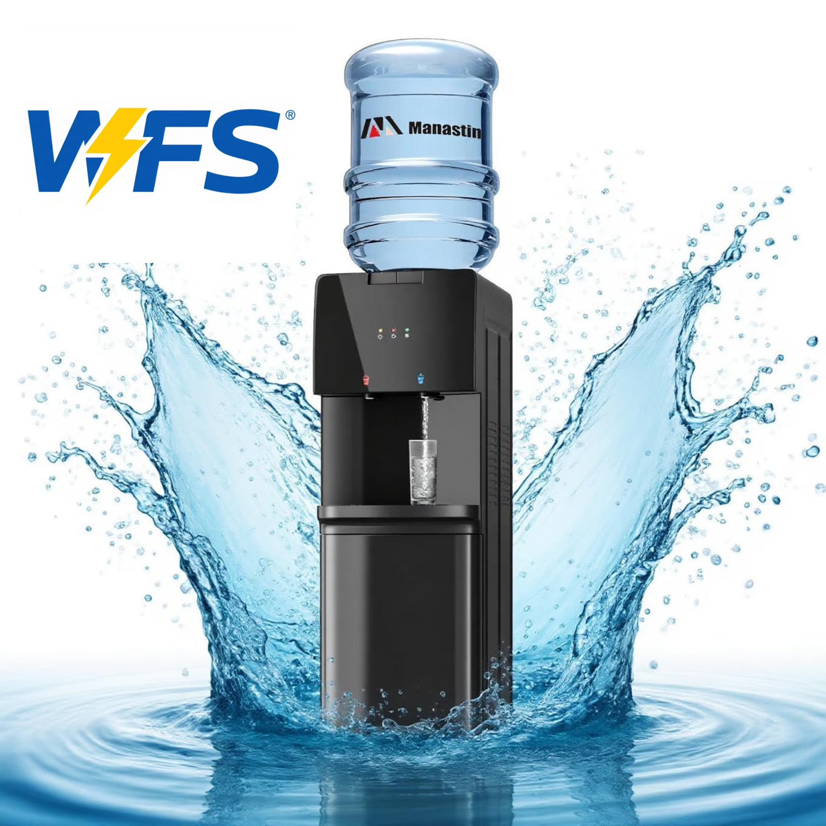 Manastin Top Loading Water Dispenser - Hot and Cold Water, Child Lock, Removable Water Tray, Extra Storage, Black - image 1