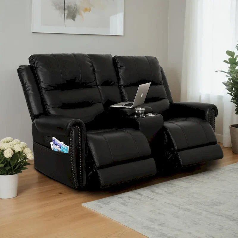 Authentic Leather Black Power Recliner Sofa Set: Loveseat and Recliner with Adjustable Headrest and Extendable Footrest - image 1