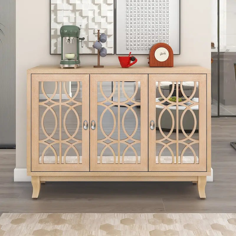 Mirrored Buffet Cabinet with Glass Doors and Silver Handles - 3-Door Sideboard for Living Room, Hallway, and Dining Room - image 14