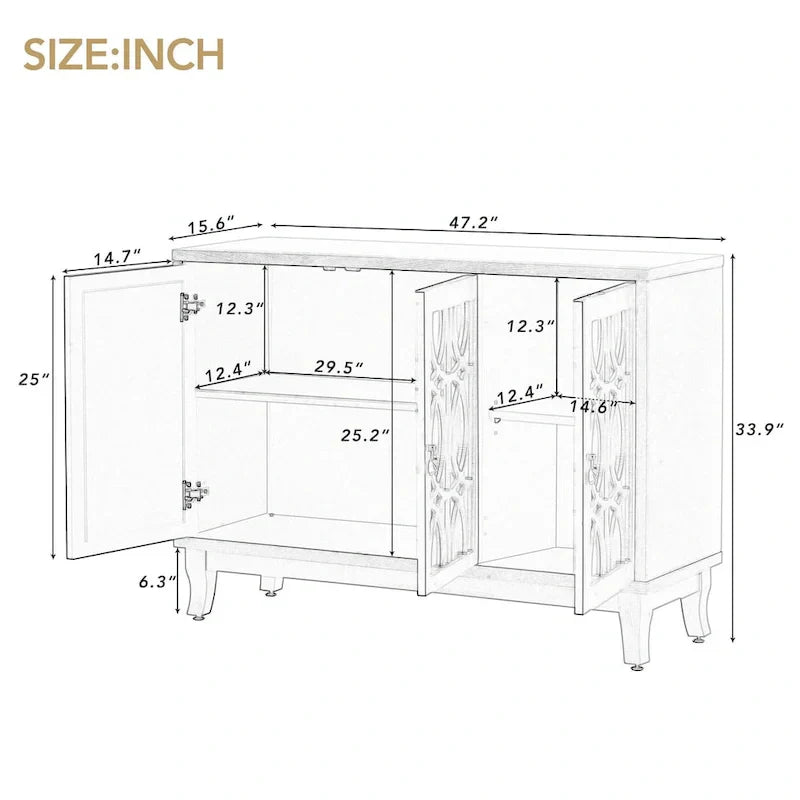 Mirrored Buffet Cabinet with Glass Doors and Silver Handles - 3-Door Sideboard for Living Room, Hallway, and Dining Room - image 8
