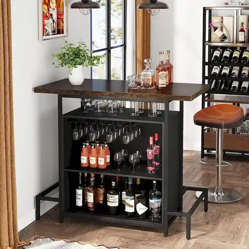 Home Bar Cabinet with Wine Storage Shelves Glass Rack and Footrest - image 1