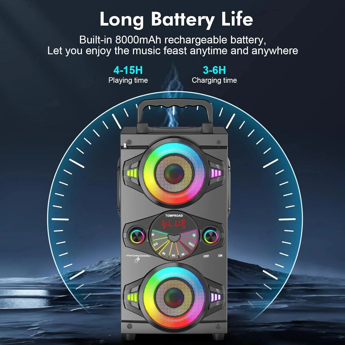 Speakers, 60W Portable Wireless Loud Outdoor Home Party Bluetooth Speaker with Subwoofer, FM Radio, LED Colorful Lights, Microphone, Remote and Big Powerful Stereo Deep Bass Sound Boombox - image 4