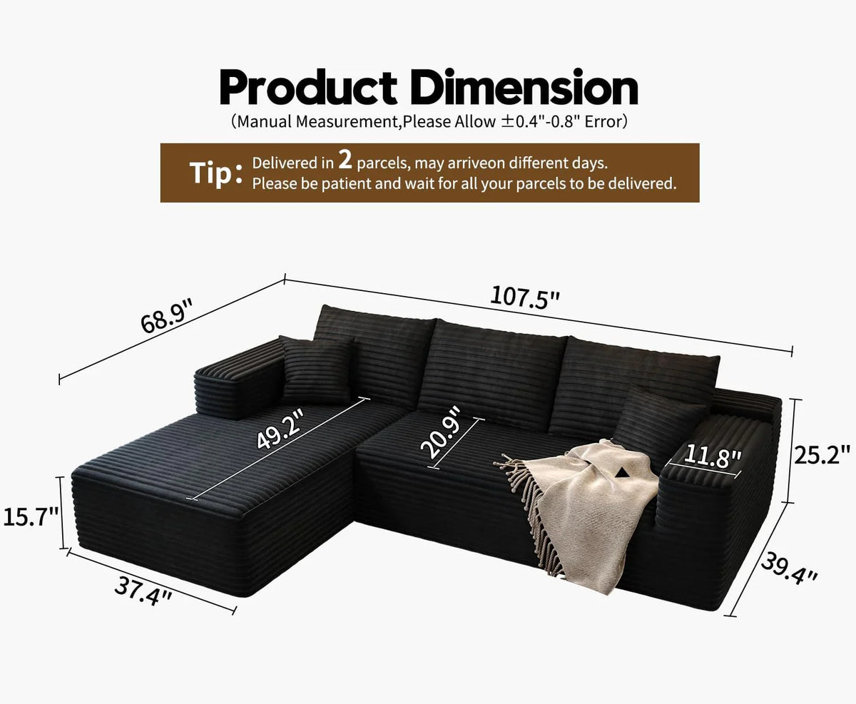 107.5" Cloud Modular Sectional Sofa Couch with L-Shape Chaise,Modern Minimalist Upholstered Couches for Living Room Bedroom,Deep Seat Corner Couch .No Assembly Required (Black,Left Facing Chaise) - image 83