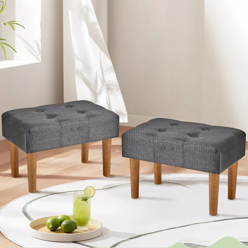 Set of 2 Small Linen Foot Stools with Legs - Rectangle Upholstered Ottoman Footrests - image 6