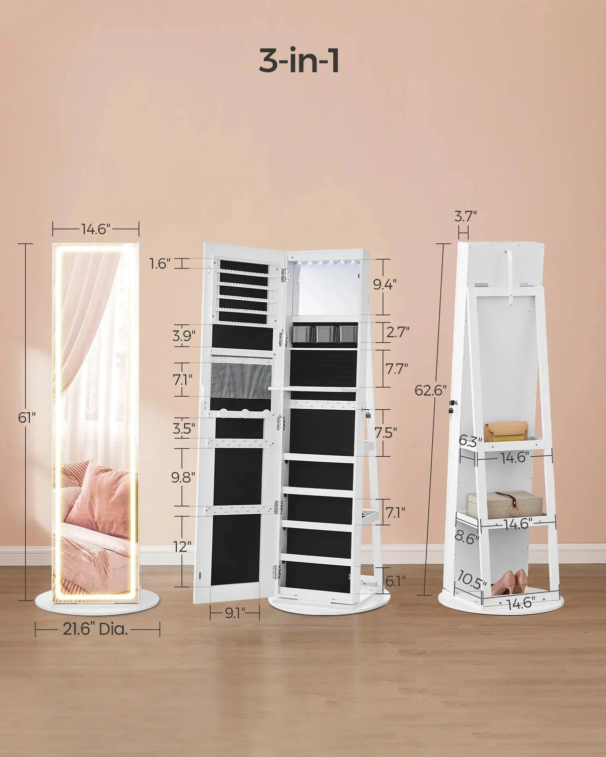 SONGMICS LED Mirror Jewelry Cabinet Standing Jewelry Armoire Organizer Box with Full-Length Mirror and Adjustable LED Lights White - image 5