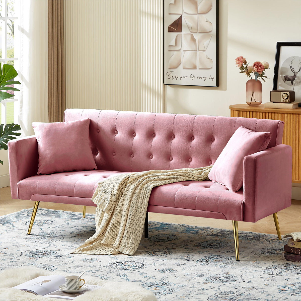 Leumius Velvet Futon Sofa Bed Mid-Century Modern Adjustable Backrest with Pillows, Gray/Gold - image 5