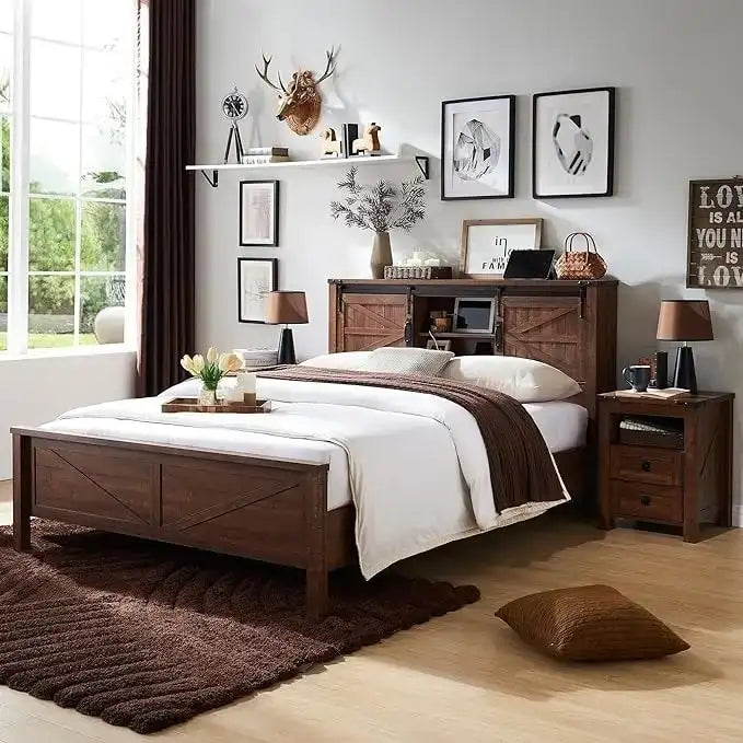 Farmhouse Full Bed Frame with Storage Shelves and Built-in Charging Station - image 36
