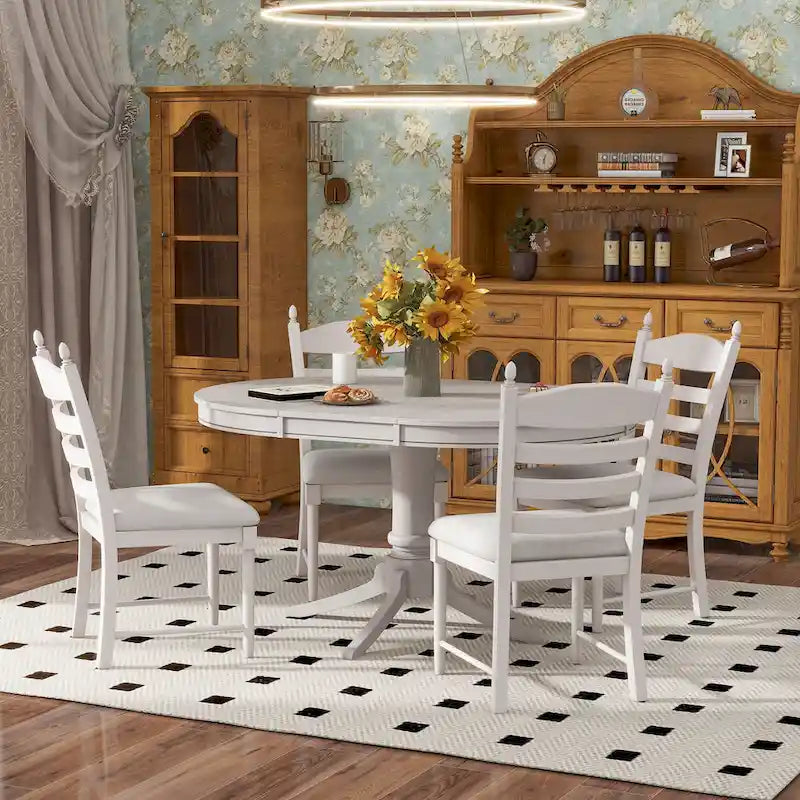 5-Piece Retro Wood Dining Set: Round Extendable Table with 4 Upholstered Chairs - image 3