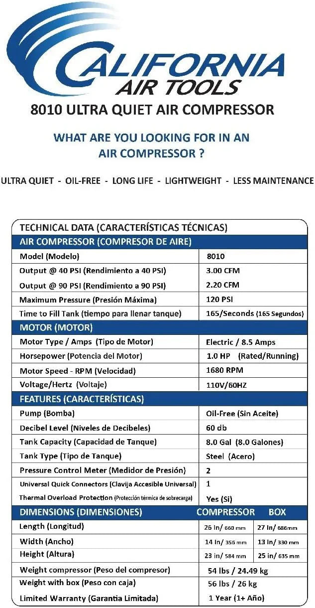Air Tools 8010 Ultra Quiet Oil-Free Air Compressor, 1.0 HP, 8 Gallon, 120 PSI, 60 dB Noise Level - image 6