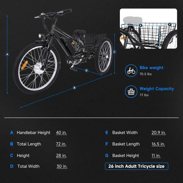 26 Inch Adult 3 Wheel Electric Tricycle with Basket, Fat Tires,7 Speeds,350W Powerful Motor, 36V 10Ah Removable Battery  Dark Gray - image 2