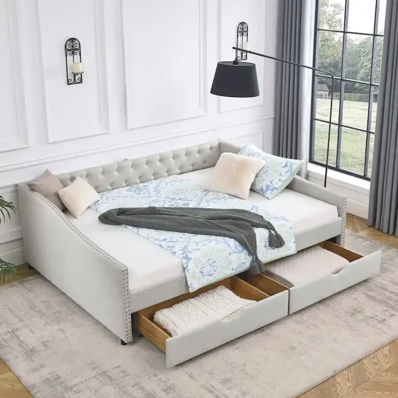 Upholstered Tufted Queen Size Daybed Sofa Bed with Storage Drawers - image 38