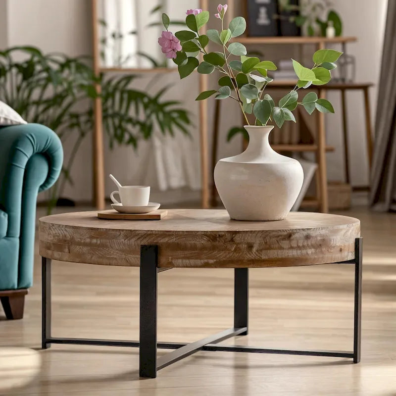 33.86" Modern Retro Round Coffee Table with Cross-Leg Base and Wooden Splicing Design - image 1