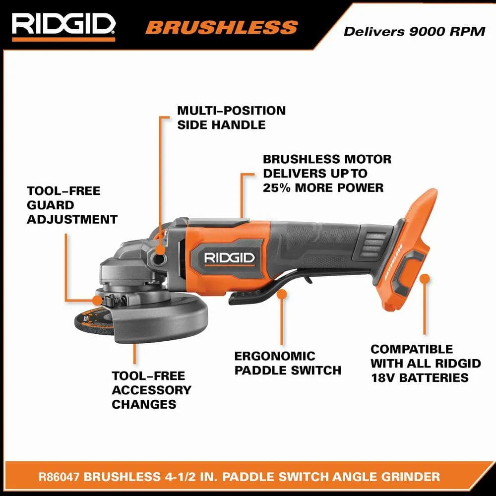 RIDGID 18V Brushless Cordless 4-1/2 in. Paddle Switch Angle Grinder with (2) 4.0 Ah Batteries, Charger, and Bag R86047B-AC93044SBN - image 3