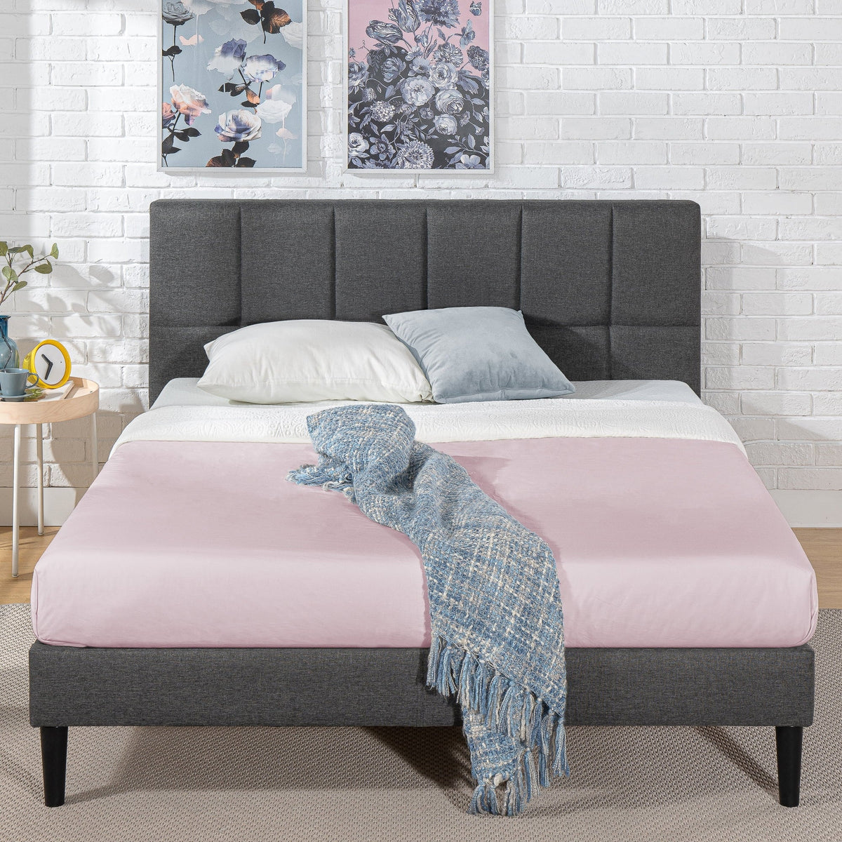 Zinus Lottie 35" Upholstered Platform Bed Frame with USB Ports, Grey, Queen - image 3