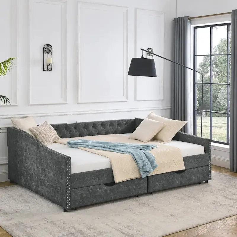 Upholstered Tufted Queen Size Daybed Sofa Bed with Storage Drawers - image 7