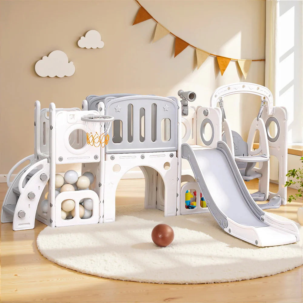 Keezi Kids Slide Swing Set Basketball Hoop Ring Football Outdoor Toys 132cm grey - image 7