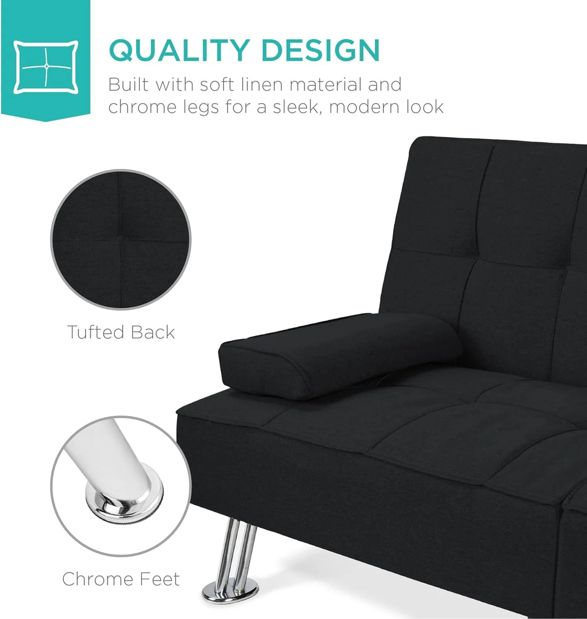 Best Choice Products Linen Upholstered Modern Convertible Folding Futon Sofa Bed for Compact Living Space, Apartment, Dorm, Bonus Room w/Removable Armrests, Metal Legs, 2 Cupholders - Gray - image 27
