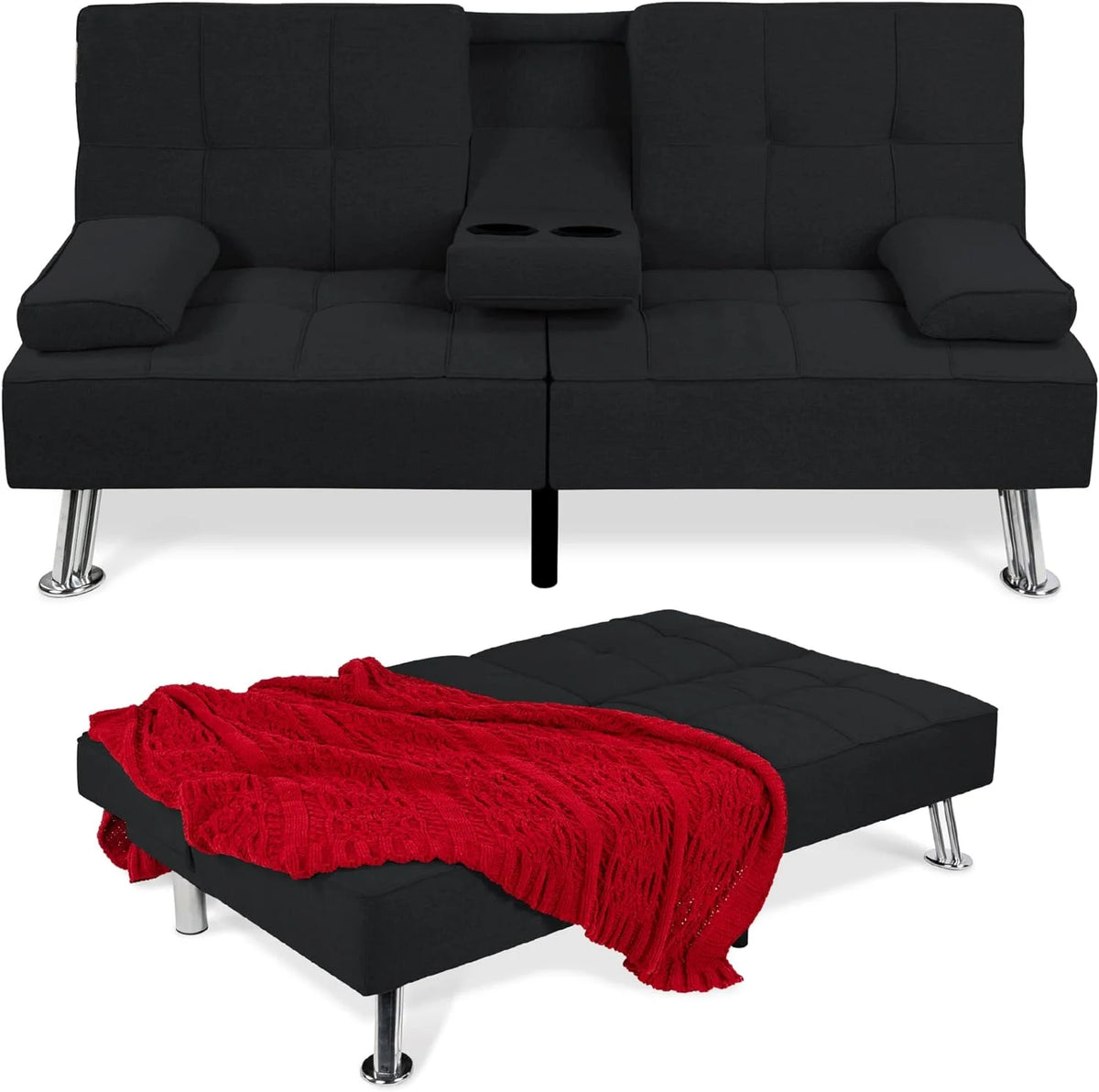 Best Choice Products Linen Upholstered Modern Convertible Folding Futon Sofa Bed for Compact Living Space, Apartment, Dorm, Bonus Room w/Removable Armrests, Metal Legs, 2 Cupholders - Gray - image 5