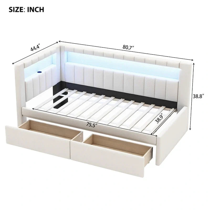 Upholstered Platform Bed with USB Ports & LED Lighting - Full/Twin Size Bed Frame with 2 Storage Drawers - Modern Bedroom - image 7