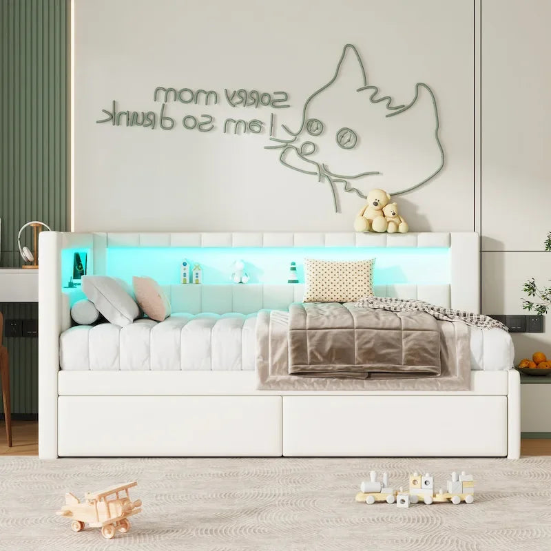 Upholstered Platform Bed with USB Ports & LED Lighting - Full/Twin Size Bed Frame with 2 Storage Drawers - Modern Bedroom - image 6