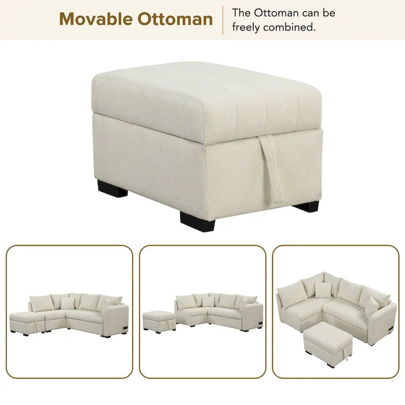 82.6" L-Shaped Sectional Sleeper Sofa Bed with Dual USB Ports, Power Outlets, and Removable Storage Ottoman - Bei - image 4