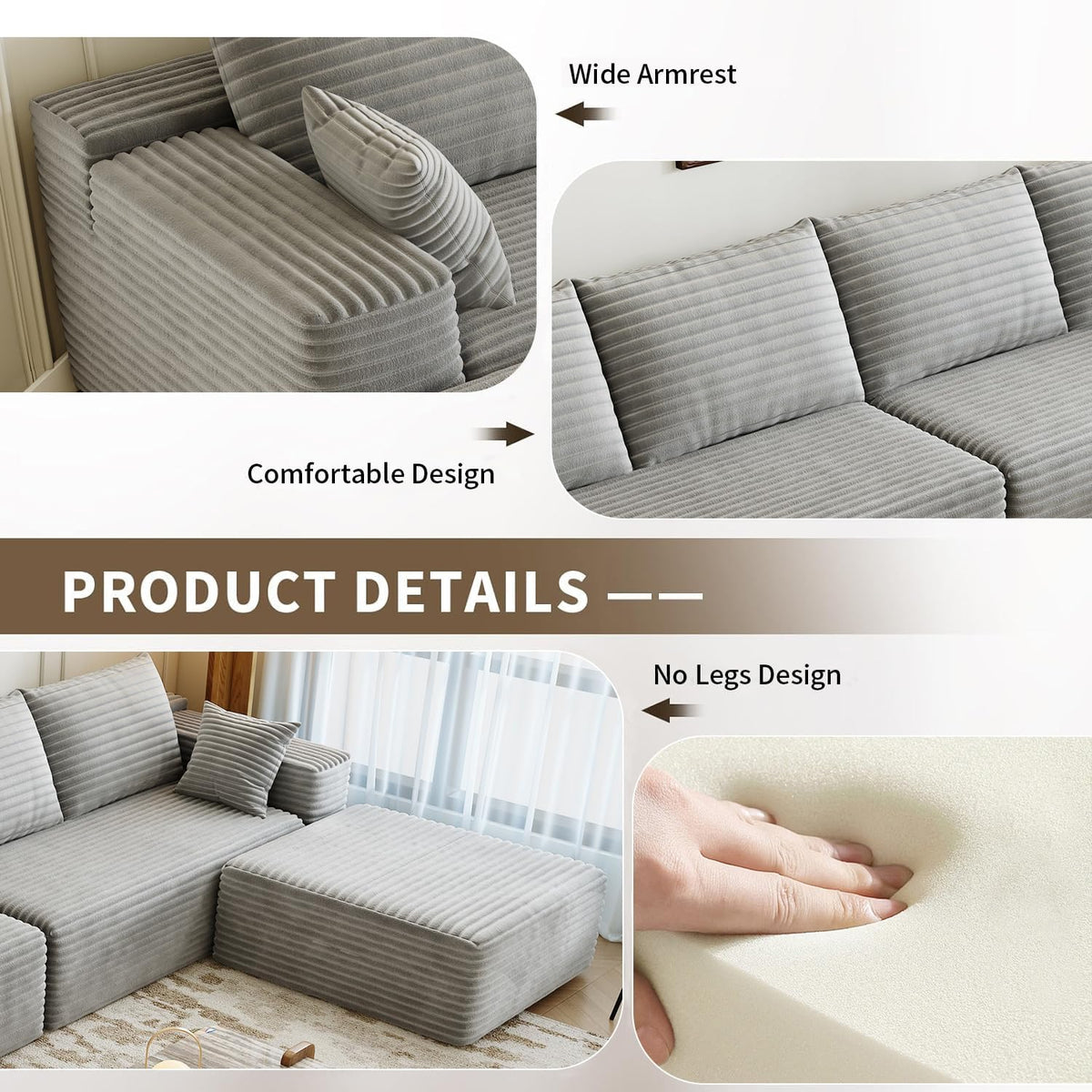 107.5" Cloud Modular Sectional Sofa Couch with L-Shape Chaise,Modern Minimalist Upholstered Couches for Living Room Bedroom,Deep Seat Corner Couch .No Assembly Required (Black,Left Facing Chaise) - image 45