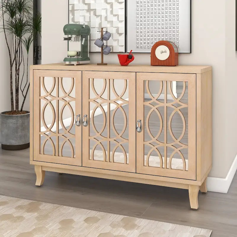 Mirrored Buffet Cabinet with Glass Doors and Silver Handles - 3-Door Sideboard for Living Room, Hallway, and Dining Room - image 4