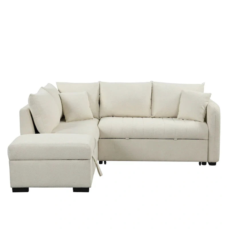 82.6" L-Shaped Sectional Sleeper Sofa Bed with Dual USB Ports, Power Outlets, and Removable Storage Ottoman - Bei - image 13