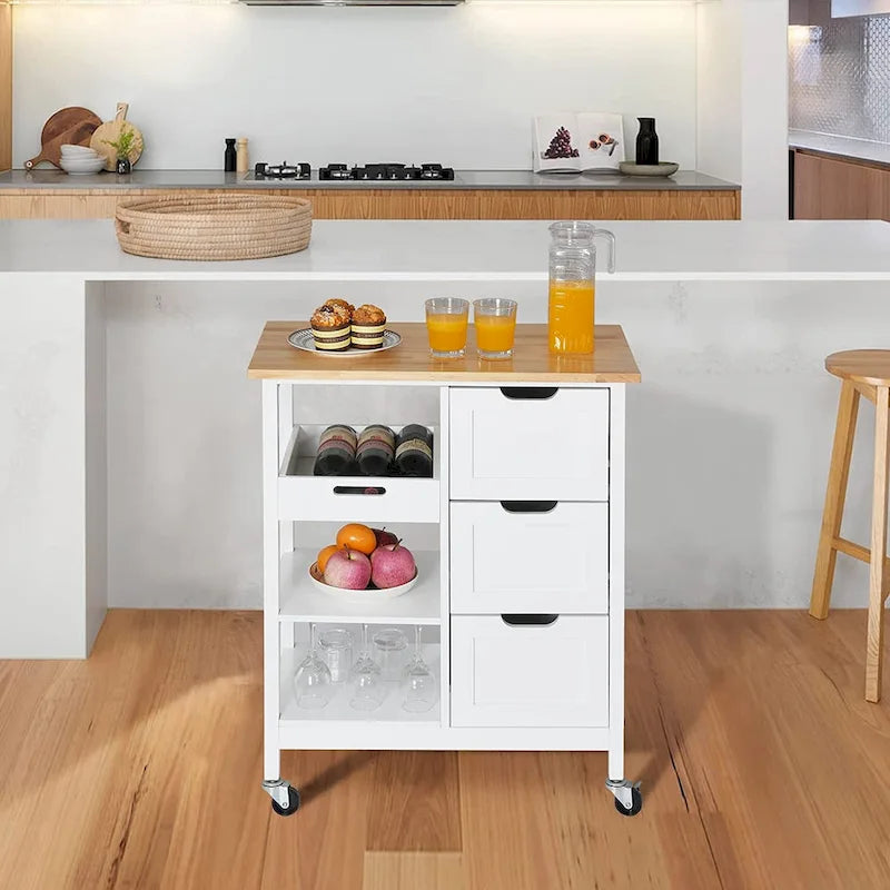 Kleio Solid Wood Kitchen Island Storage Cart with 3 Drawers - Rolling Serving Trolley - image 3