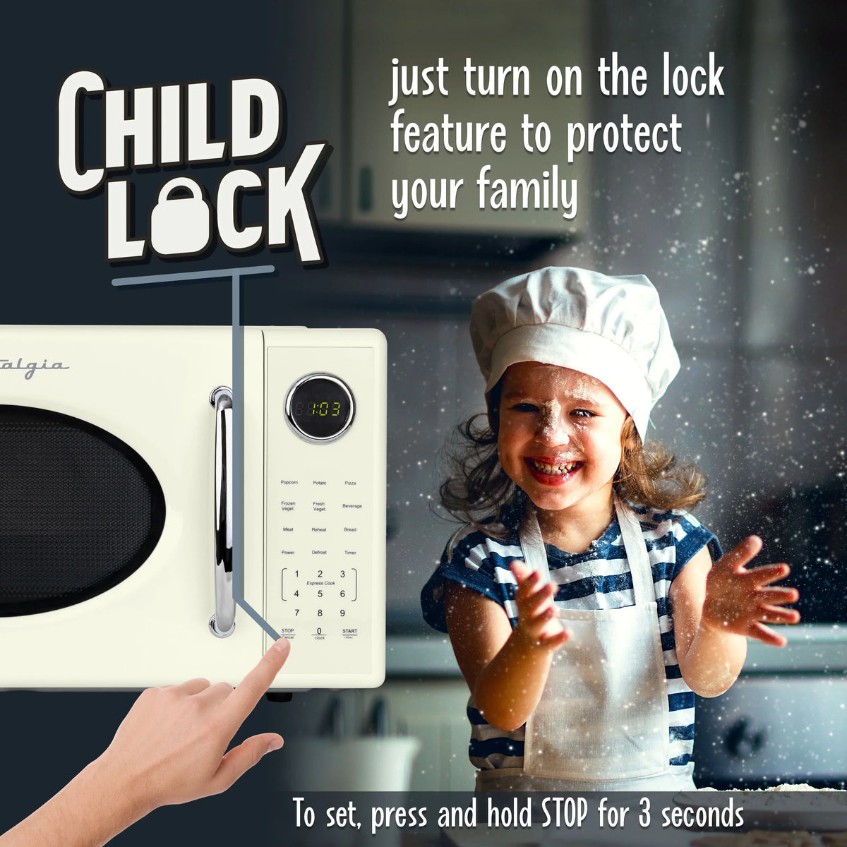 Nostalgia Retro Microwave Oven - 1.1 Cu Ft & 1000-Watt Countertop Size with Glass Turntable, Child Safety Lock, 8 Auto-Cook Programs & Digital Clock - Black - image 12