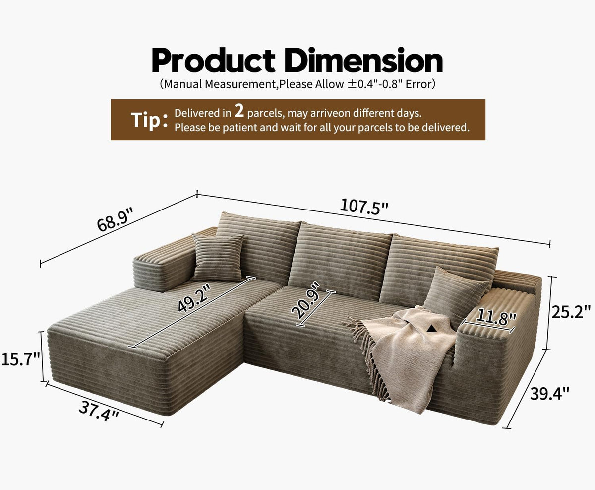 107.5" Cloud Modular Sectional Sofa Couch with L-Shape Chaise,Modern Minimalist Upholstered Couches for Living Room Bedroom,Deep Seat Corner Couch .No Assembly Required (Black,Left Facing Chaise) - image 101