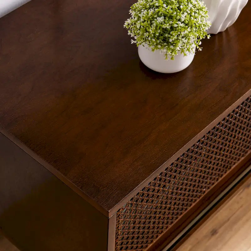 Mid Century TV Stand with Rattan Sliding Doors and Open Shelves - image 7