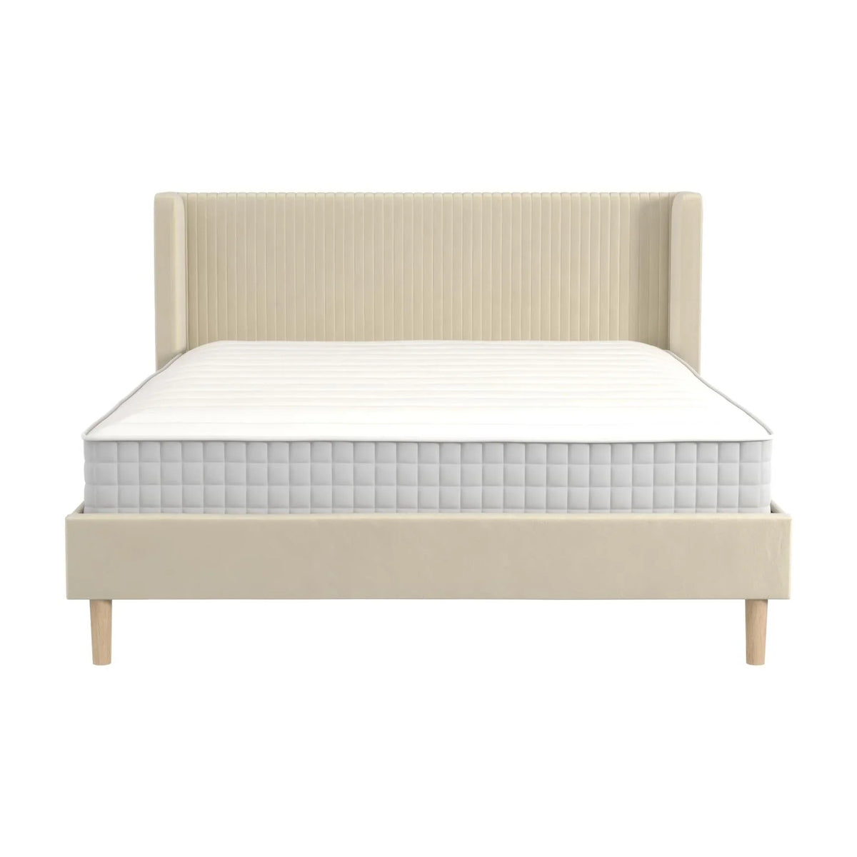 Mainstays Kelsey Upholstered Platform Bed Frame with Tufted Wingback Headboard, No Box Spring Required, Queen, Cream Velvet - image 3