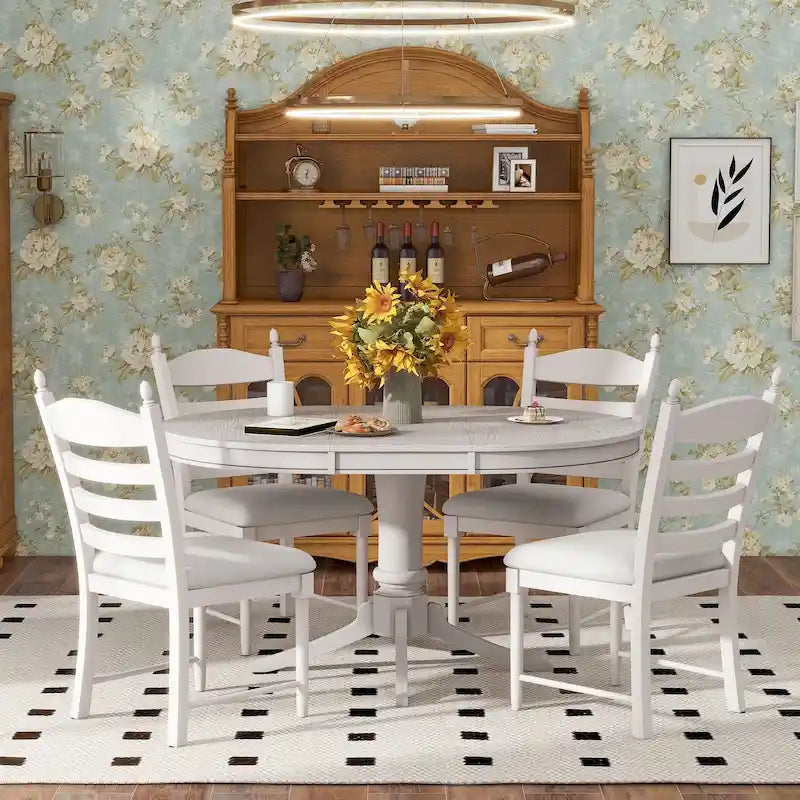 5-Piece Retro Wood Dining Set: Round Extendable Table with 4 Upholstered Chairs - image 2