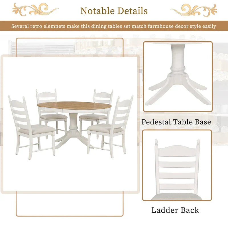 5-Piece Retro Wood Dining Set: Round Extendable Table with 4 Upholstered Chairs - image 17