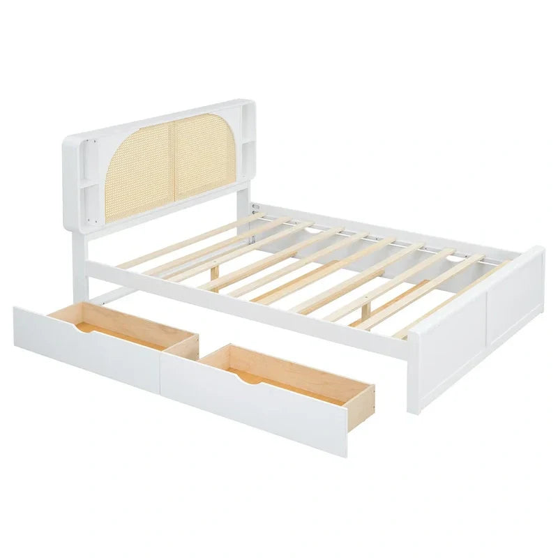White Queen Size Rattan Bed with Trundle and Dual Storage Drawers - image 8