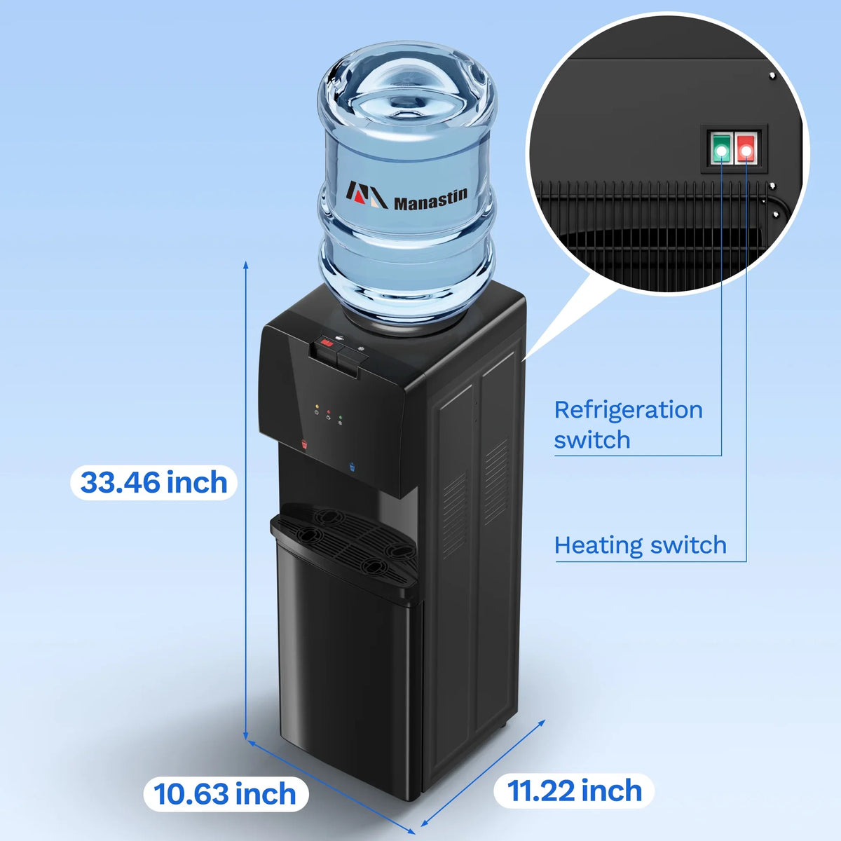 Manastin Top Loading Water Dispenser - Hot and Cold Water, Child Lock, Removable Water Tray, Extra Storage, Black - image 7