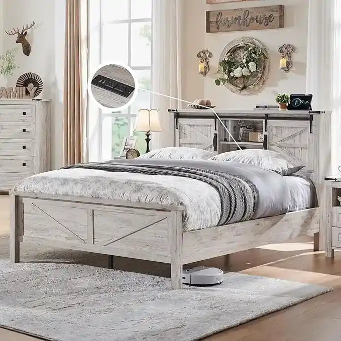 Farmhouse Full Bed Frame with Storage Shelves and Built-in Charging Station - image 24