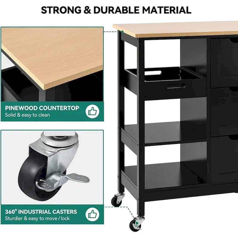 Kleio Solid Wood Kitchen Island Storage Cart with 3 Drawers - Rolling Serving Trolley - image 13