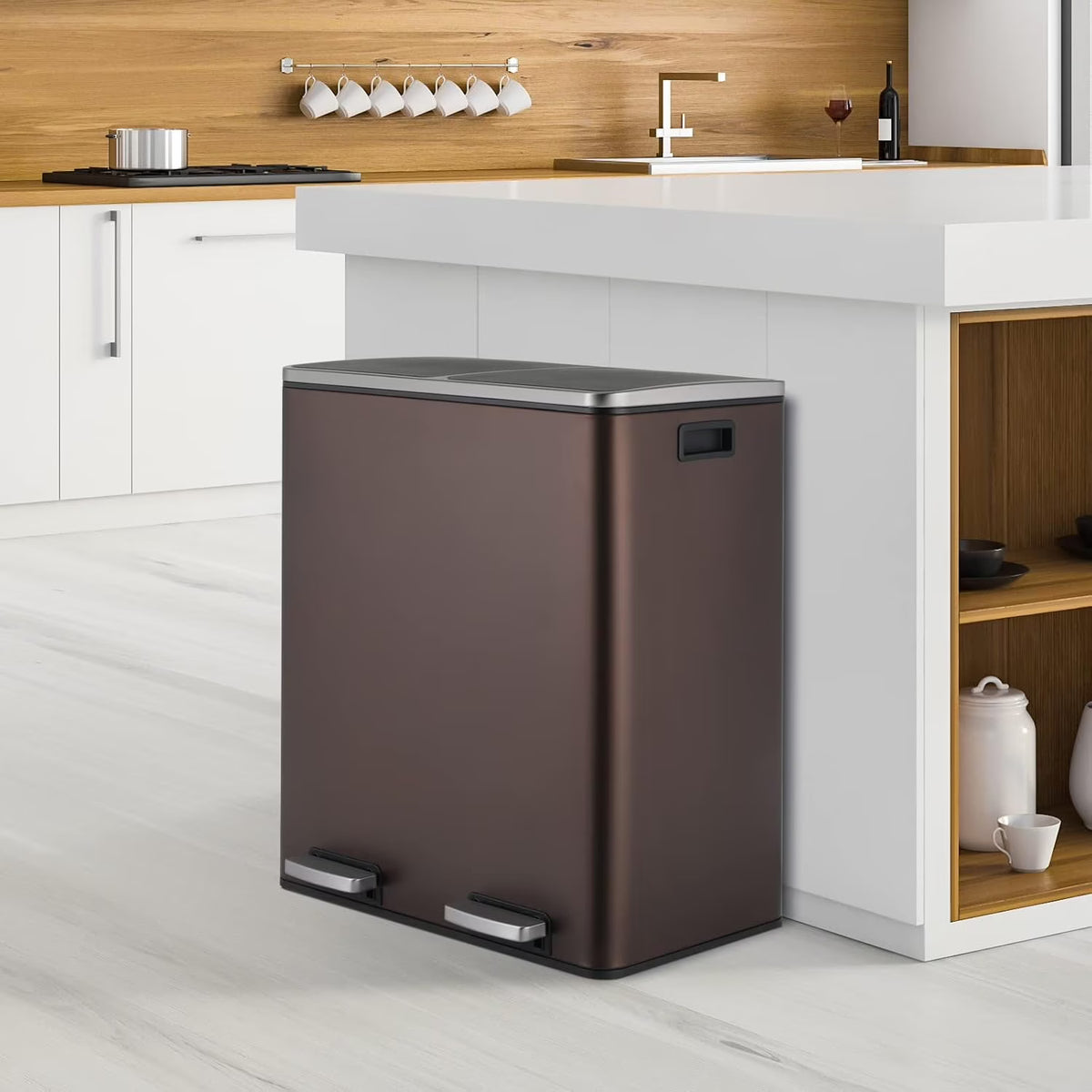 Arlopu 60 L/16 gal Dual Trash Can, Stainless Steel Garbage Can for Kitchen, Recycle Bin with Lid - image 6