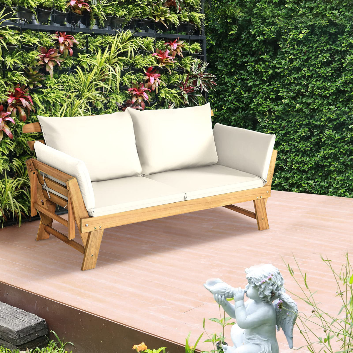Outdoor Convertible Acacia Wood Daybed, Couch Sofa Bed w/Adjustable Armrest - image 2