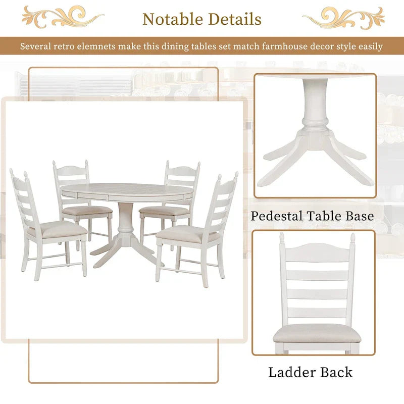 5-Piece Retro Wood Dining Set: Round Extendable Table with 4 Upholstered Chairs - image 11